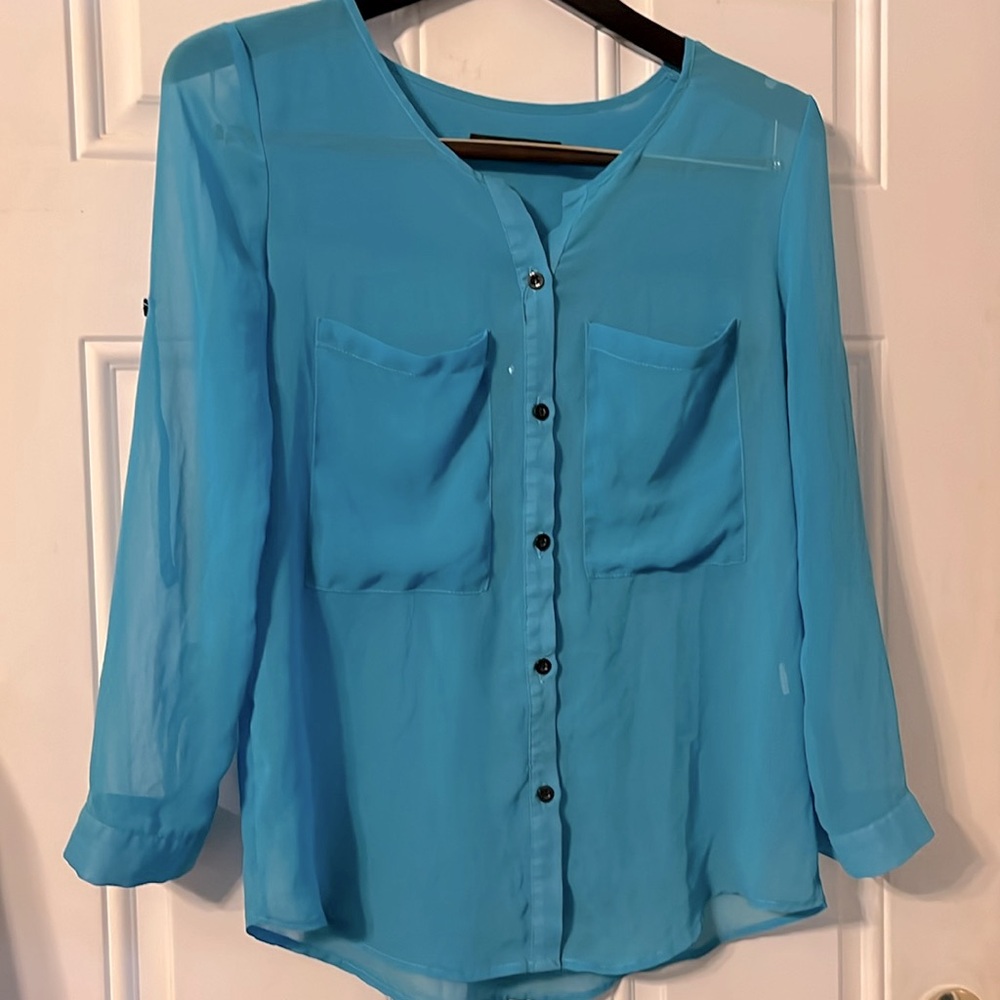 Zara Basic Sheer Turquoise Convertible Sleeve But… - image 2